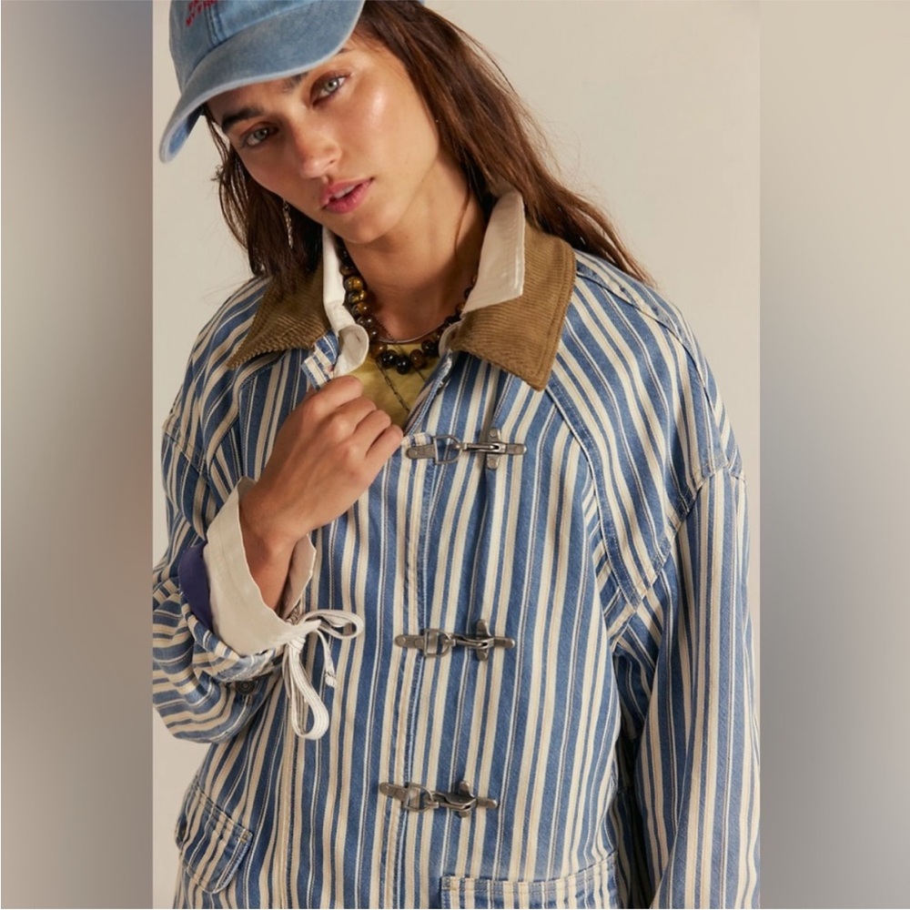 Free People We The Free Striped Denim Barn Coat Wagner Cotton Large NWT NEW